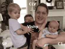 a man is holding two children in his arms with the words clv vishy sp and c1 on the bottom