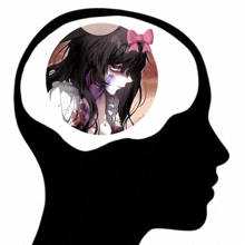 a silhouette of a person 's head with a picture of a girl with a pink bow on her head