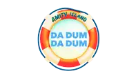 a shark with its mouth open in front of a life preserver that says amland