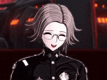 a cartoon character wearing glasses and a black jacket