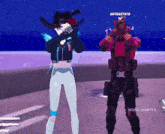 a man and a woman are standing next to each other in a video game with the name artieartie19 on the bottom