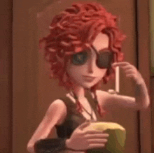 a cartoon girl with red hair is holding a coconut and drinking from it .