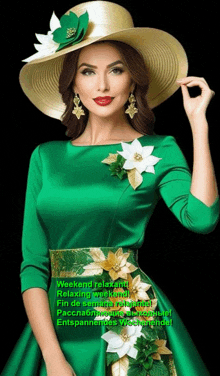 a woman wearing a green dress and a hat says weekend relaxant relaxing weekend