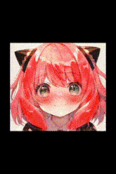 a close up of a anime girl with red hair and green eyes .