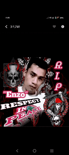 a picture of a man with a skull and the words " enzo respect in peace "