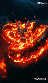 a dragon is surrounded by flames and is glowing red