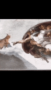 a painting of a cat reaching out to a man