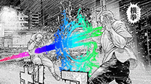 a black and white drawing of two men fighting each other with a rainbow of colors coming out of their mouths .