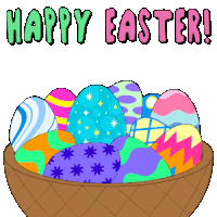 a basket full of easter eggs with the words happy easter