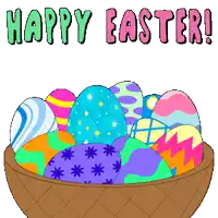 a basket full of easter eggs with the words happy easter