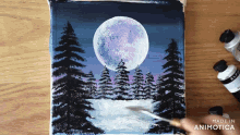 a painting of a full moon surrounded by trees is made in animatica