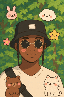a cartoon drawing of a person wearing a hat and sunglasses
