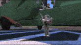 buzz lightyear is standing in front of a green airplane