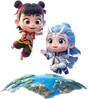 a couple of cartoon characters are flying over a globe
