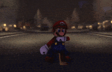 a video game character named mario is sitting on a pole in the dark