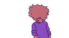 a cartoon drawing of a person with a ponytail and a purple shirt