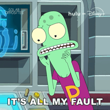 a cartoon character with the words it 's all my fault on the bottom