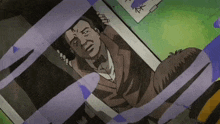 a cartoon of a man behind bars with chinese writing on the wall