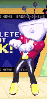 a cartoon character is dancing in front of a breaking news banner