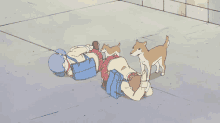 a cartoon of a person laying on the ground with two dogs nearby