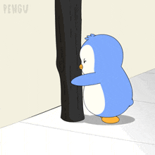 a blue penguin standing next to a black pole with the word pengu on the bottom left