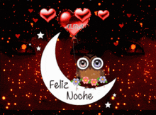 a cartoon owl sitting on a crescent moon with the words feliz noche written on it