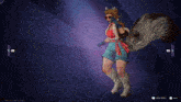 a screenshot of a video game shows a female character standing next to a blue bag
