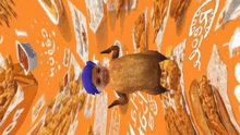 a chicken with a blue hat is surrounded by food including french fries and chicken