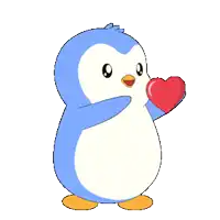 a blue and white penguin holding a red heart in its hand