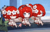 three little girls with red hair and flowers in their hair are sitting next to each other on a ledge .