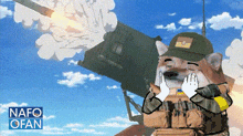 a cartoon dog in a military uniform is holding a rocket in front of a missile .