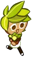 a cookie run character with green leaves on his head is holding a plant .