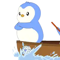 a blue and white penguin is in a boat