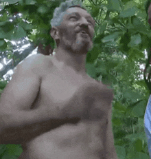 a naked man with a beard is standing in the woods .