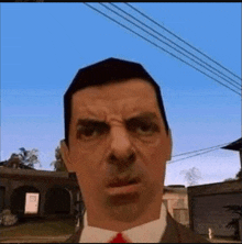 a man in a suit and tie is making a funny face in front of a house .