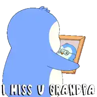 a penguin is holding a framed picture of a penguin with glasses and the words i miss u grandpa