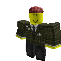 a roblox character is wearing a plaid suit and a red hat