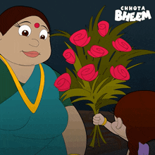 a cartoon of a woman holding a bouquet of red roses with chhota bheem written on the bottom right