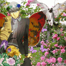 a picture of a man holding a cat with flowers on his head and a cat with angel wings