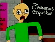 a cartoon character is standing in front of a blackboard that says " simultaneous ecstasy "