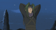 a cartoon character with green hair is standing in front of a mountain