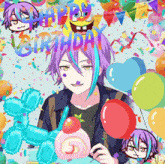 a boy with purple hair is holding a cake in front of balloons and confetti with the words happy birthday written above him