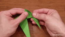 a person is holding a piece of green paper with the words made in animotica below them