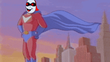a cartoon character in a red and white superhero costume with a blue cape