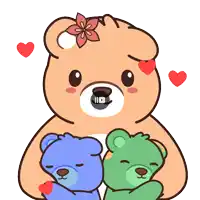 a cartoon of a teddy bear holding two teddy bears with hearts around them