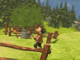 a cartoon character standing next to a wooden fence in a field