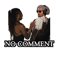 a sticker of a man and a woman with the words no comment on it