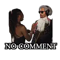 a sticker of a man and a woman with the words no comment on it
