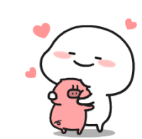 a cartoon character is holding a pink pig in his arms and there are two hearts in the background .