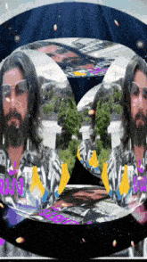 a man with a beard and sunglasses is surrounded by a circle that says rio on it
